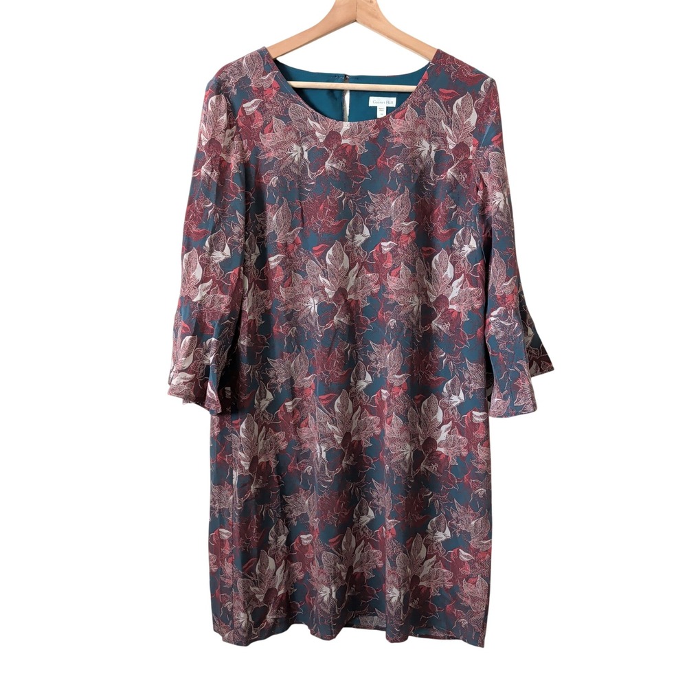Garnet Hill 100% Silk Floral Bell Sleeve Shift Dress Teal Burgundy Sz 10 Modest